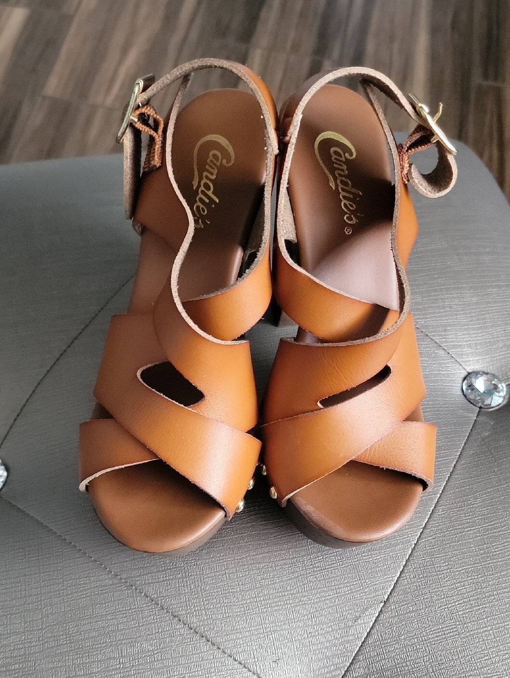 Candie's Tan Cross-Strap Wedge Sandals